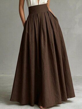 Brown Casual Women's Elegant Slimming Drape Pleated Long Skirt